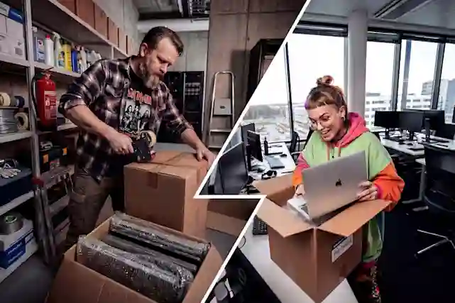 Två bilder: Begagnade IT-enheter packas för transport och på kontoret packas en mottagen bärbar dator upp.