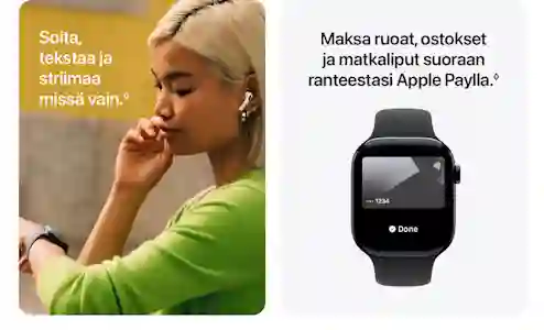En kvinna i grön tröja använder AirPods och Apple Watch som visar ett Apple Pay-betalkort.