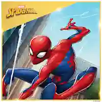 Marvel Spider-Man-figuren i röd och blå dräkt svingar sitt nät mellan skyskraporna.