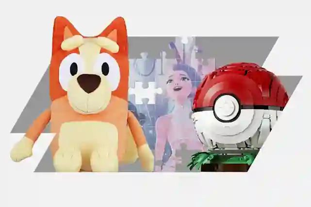 Orange plush dog, Disney puzzle, and red Pokémon Poké Ball building set on a gray background.