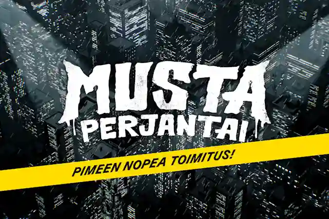 Musta Perjantai -logo. Taustalla kaupunki maisema yöaikana. Keltainen ribbon kuvan alaosassa jossa lukee:"Pimeen nopea toimitus!".