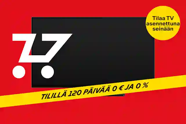 Tausta on Verkkokauppa.comin punainen, ja keskellä on kuva Procaster merkkisestä televisiosta. Keltainen pallura, jossa teksti:"Asennus seinälle 99,99 €". Television päällä kuva ostoskärry-logosta. Television vieressä teksti:"Myös yrityksille". 