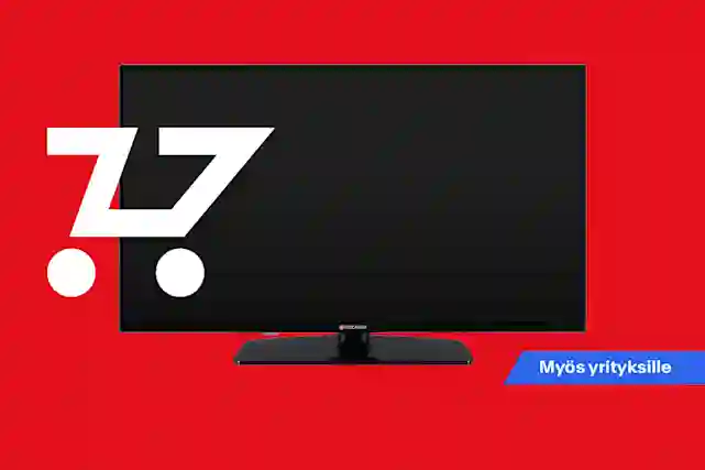 Tausta on Verkkokauppa.comin punainen, ja keskellä on kuva Procaster merkkisestä televisiosta. Television päällä kuva ostoskärrystä, joka viistossa nopean etenemisen takia. Television vieressä teksti:"Myös yrityksille". 