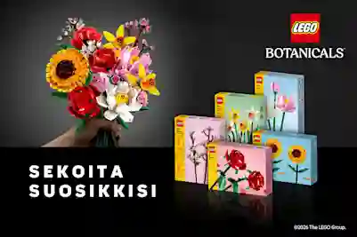 LEGO Botanicals -kukkakimppu ja tuotepakkauksia, joissa auringonkukkia, ruusuja, tulppaaneja ja kirsikankukkia.
