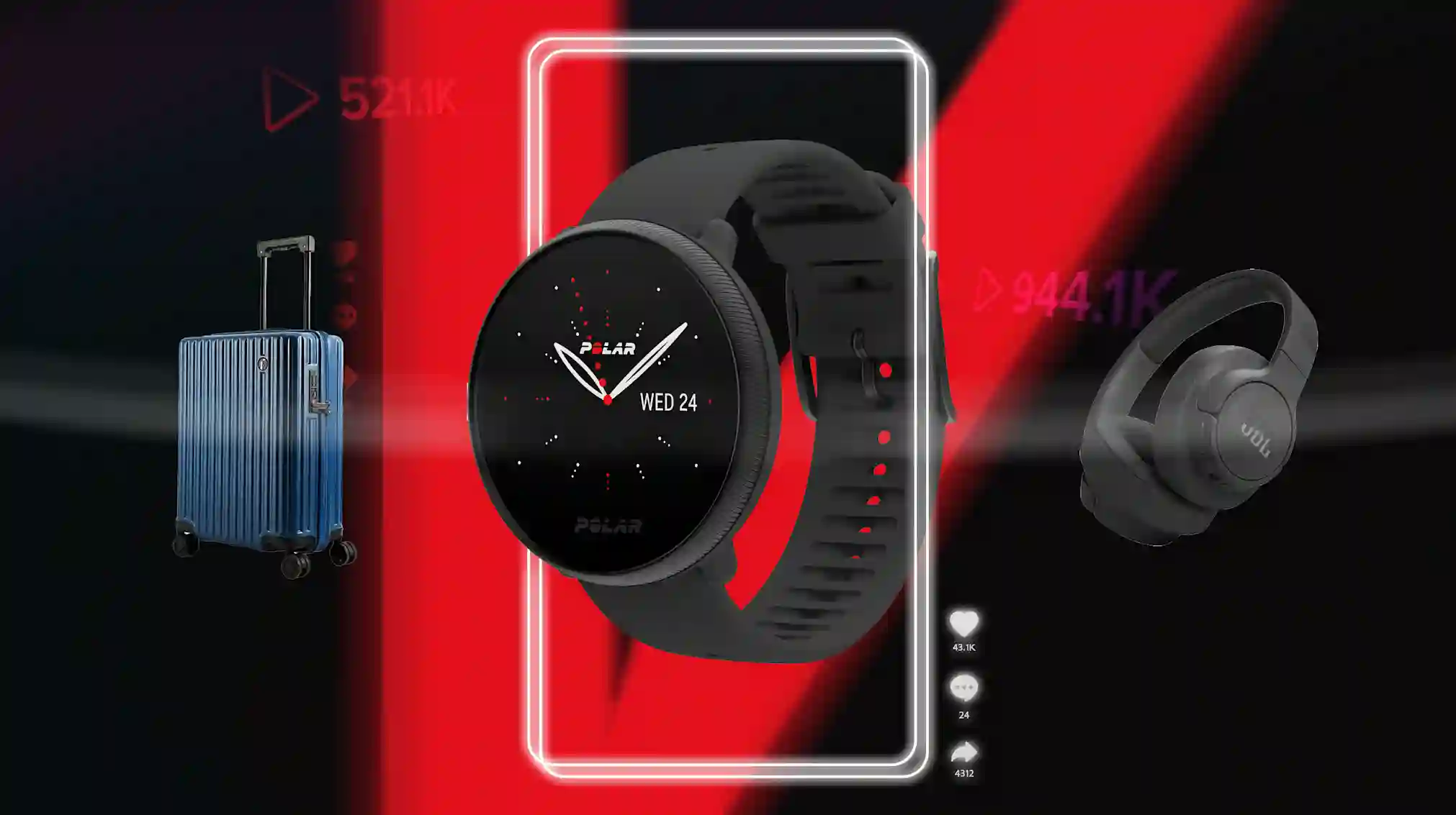 Polar Ignite 2 -urheilukello tulee näytöstä ulos. Taustalla punainen V-logo ja vieressä tykkäys, kommentoi ja jaa -nappulat.