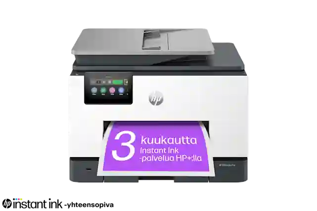 HP OfficeJet Pro 9132e All-in-One -monitoimitulostin edestä päin. Tekstinä "Instant Ink -yhteensopiva. 3 kuukautta Instant Ink -palvelua HP+:lla."