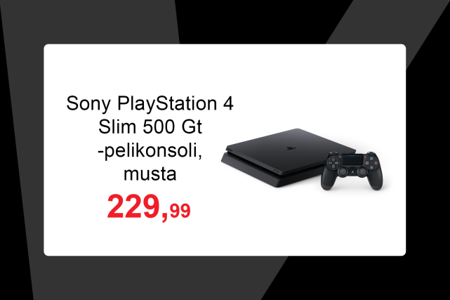 Sony PlayStation 4 Slim 500 Gt -pelikonsoli, musta. Hintaan 229,99 euroa.
