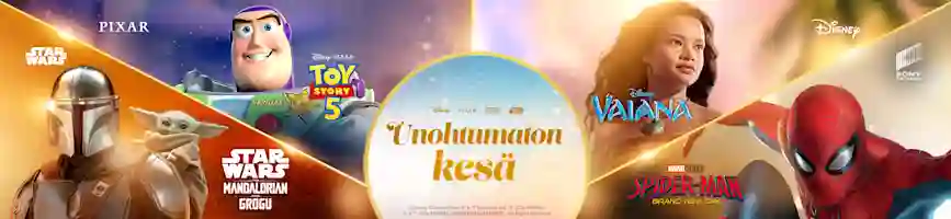 Mainosbanneri, jossa Star Wars-, Pixar-, Disney- ja Marvel-elokuvahahmoja. Keskellä teksti Unohtumaton kesä.