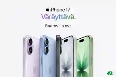 Viisi eriväristä iPhone 17 -puhelinta vierekkäin. Yläpuolella teksti:"iPhone 17 - Väräyttävä. Saatavilla nyt!".