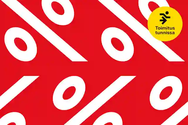 Isoja valkoisija prosentti-logoja. Oikeassa yläkulmassa keltainen pallura, jossa on teksti:"Toimitus tunnissa".