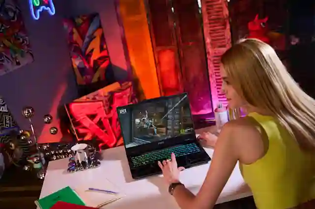 A woman plays Apex Legends on an MSI laptop in a colorfully lit gaming space with graffiti art.