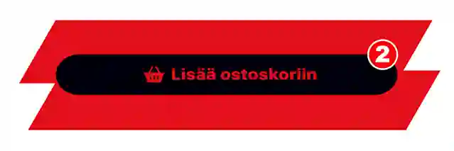 Lisää ostoskoriin -painike punaisella taustalla, ostoskorikuvake ja numero 2 valkoisessa ympyrässä.