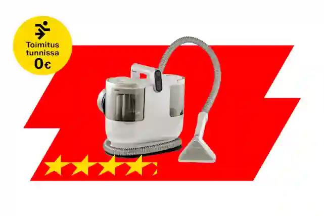 Ströme PowerClean 56A upholstery cleaner on a red background. On the left, a yellow badge reads 'Delivery in under an hour 0 €'. At the bottom, a star rating shows four and a half yellow stars.