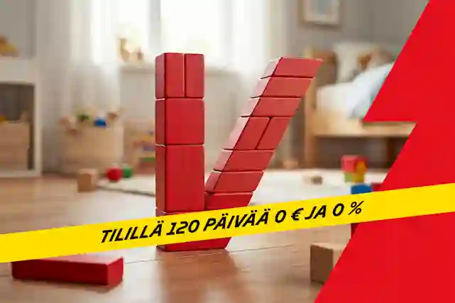 Lasten puupalikoilla lattialle rakennettu V-kirjain. Teksti: Tilillä 120 päivää 0 euroa ja 0 prosenttia.