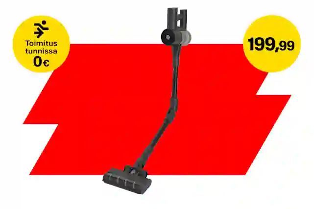 Ströme PowerClean Flexmate varsi-imuri punaisella taustalla. Vasemmalla keltainen huomiopallo, jossa lukee ‘Toimitus tunnissa 0 €’, ja oikealla keltainen huomiopallo, jossa lukee ‘199,99’.