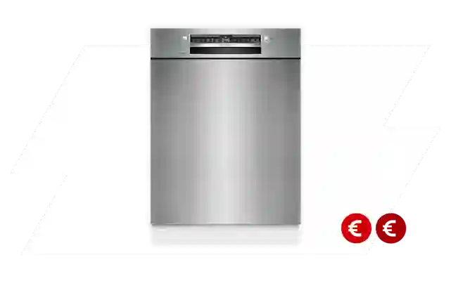 Metallinen astianpesukone ja kaksi euron merkkiä.