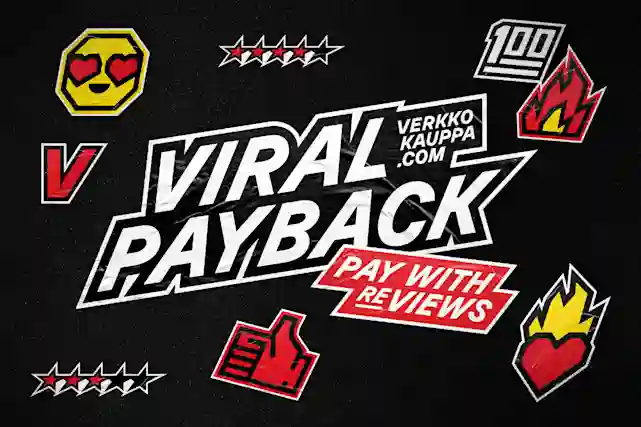 Verkkokauppa.com Viral Payback -kampanja, jossa voi maksaa arvosteluilla. Taustalla erilaisia tarrakuvioita.