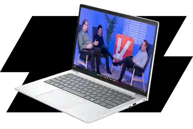Webinar speakers on an HP laptop screen.