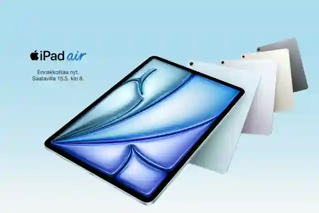 Apple-logo, jonka vieressä teksti:"iPad Air. Ennakkotilaa nyt. Saatavilla 15.5. kello 8.00". Vieressä viisi iPadi, jossa näkyy kaikki värit ja iPadin näyttö.