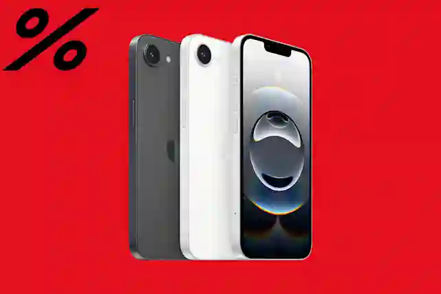 % -merkki ja keskellä kuvaa iPhone 16e puhelimia. Ostoksille!