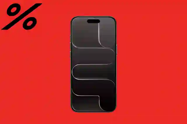 % -merkki ja keskellä kuvaa iPhone Air puhelin. Ostoksille!