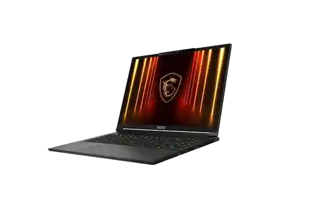 MSI Stealth A16 AI+ 16" -slim pelikannettava, jossa RGB-taustavalaistu näppäimistö ja näytöllä kultainen lohikäärmeen logo punaisilla valoilla.