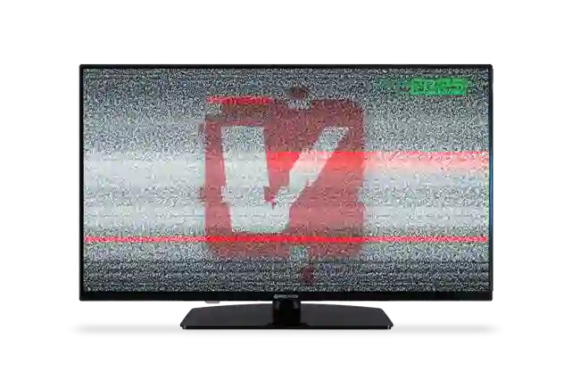 Televisiossa on V-logo häiriöiden keskellä. Verkkokauppa.comista löytyy televisiot ja antennit HD siirtymää varten.