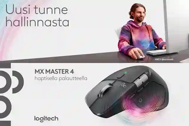 Tietokoneen hiiri värinäefektillä ja mies tietokoneen ääressä hymyillen hiiri kädessä. Teksti: Uusi tunne hallinnasta, MX Master 4 haptisella palautteella, Logitech.