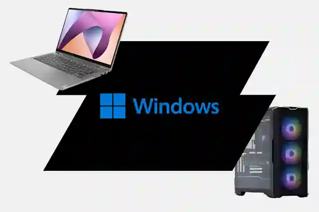 Windows logo mustalla taustalla. Kuvan reunoilla kuva kannettavasta tietokoneesta sekä pöytäkoneesta.