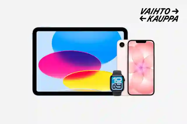 Apple-surfplatta, smartklocka och rosa telefon bredvid varandra. Text: Vaihtokauppa.