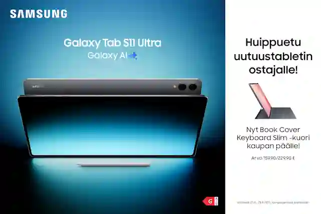 Samsung Galaxy Tab S11 Ultra - Galaxy AI. Huippuetu uutuustabletin ostajalle Book cover Keyboard Slim -kuori kaupanpäälle.