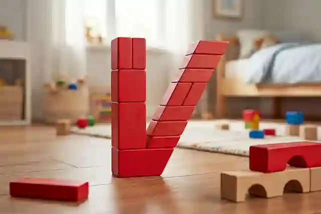 Lattialle lasten puupalikoilla rakennettu V-kirjain.
