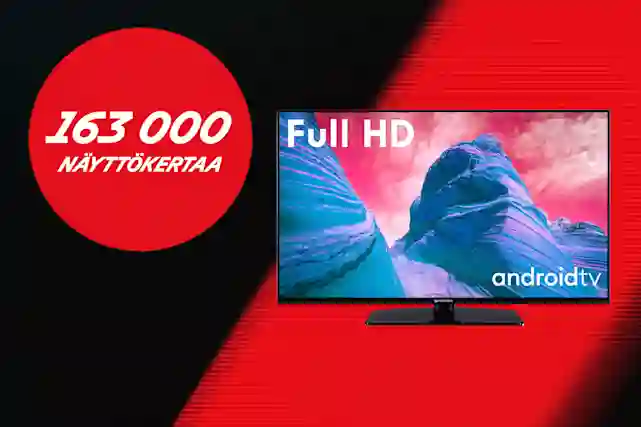 Kuvassa Procaster 43" Televisio. Vieressä pallura, jossa teksti:"163 000 näyttökertaa"! Tutustu kampanjaan.