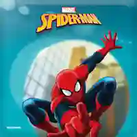 Marvel Spider-Man -logo. Alapuolella Spider-Man liitää seiteillään.