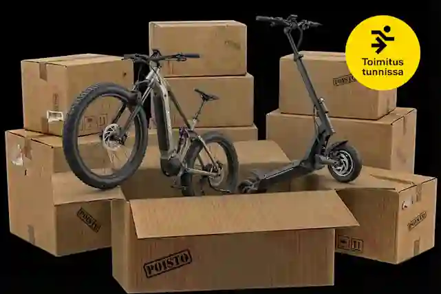 Kuvassa paljon pahvilaatikoita ja etuosan pahvilaatikko on auki ja sieltä tulee ulos sähköpolkupyörä ja sähköpotkulauta. Vieressä pallura, jossa teksti:"Toimitus tunnissa". Kuvassa käytetty AI-työkalua.
