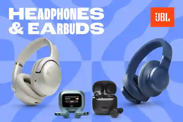 Langattomat JBL-sankakuulokkeet ja -nappikuulokkeet. Teksti: Speakers & earbuds.