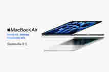 MacBook Air – Kevyettä. Voimaa. Potenssiin M3. Saatavilla 8.3. Vieressä kuva kahdesta uudesta MacBook M3 Airista.