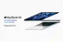 MacBook Air – Kevyettä. Voimaa. Potenssiin M3. Saatavilla 8.3. Vieressä kuva kahdesta uudesta MacBook M3 Airista.