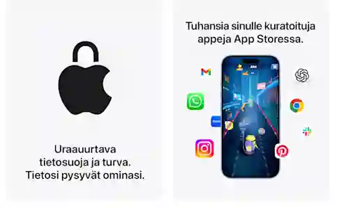 Apple lock icon and text: Groundbreaking privacy and security. Your data stays yours. Next to it, an image of a phone with a game and various app icons around it.