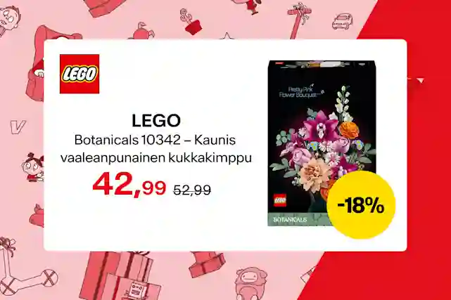LEGO Botanicals - Kaunis vaaleanpunainen kukkakimppu lego-setti. Tarjouksessa hintaan 42,99, tavallisesti 52,99. Alennus -18 prosenttia.