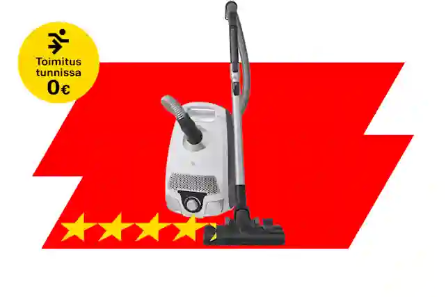 Ströme PowerClean bagged vacuum cleaner on a red background. On the left, a yellow attention badge reading 'Delivery in under an hour 0 €'. At the bottom, a star rating showing four and a half yellow stars.