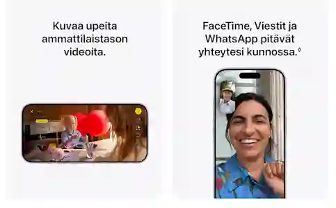 Two smartphones: on the left, a child being filmed with professional settings, on the right, a woman on a FaceTime video call.