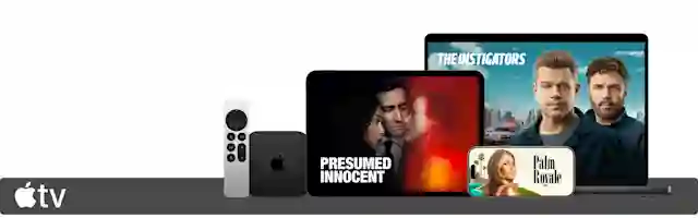 Apple TV näkyvissä Applen eri laitteissa, sekä vieressä Apple TV 4K ja kaukosäädin.