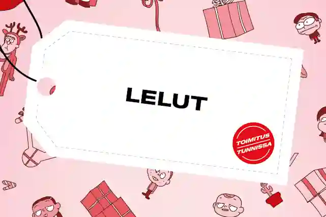 Hintalappu, jossa teksti 'Lelut'. Hintalapun kulmassa punainen pallura, jossa teksti 'Toimitus tunnissa'. Hintalappu on vaaleanpunaisella taustalla, jolle piirretty joulua odottavien lasten sekä lahjapakattien kuvia.