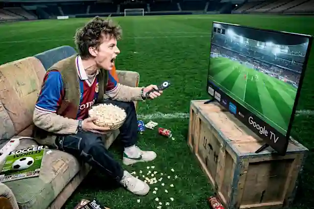 A young man sits on a couch with a bowl of popcorn, excitedly watching a soccer match on Google TV at a soccer stadium.