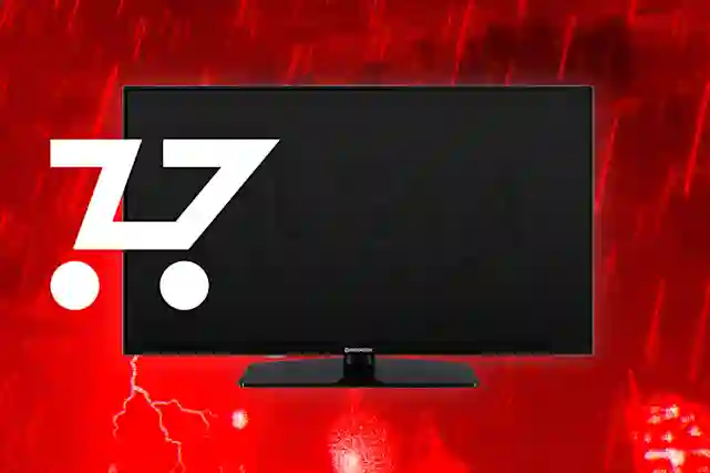 Televisio ja ilmaisen kuljetuksen -logo vierekkäin. Taustalla salamoita ja punamusta tausta vesisateella.