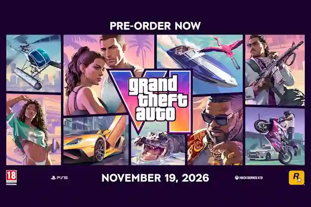Omslagsbild för videospelet Grand Theft Auto 6 med karaktärer, fordon och landskap från Vice City i lila och ljusrosa toner.