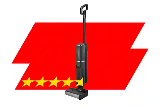 Strömen PowerClean DuoVac Pro wet and dry vacuum cleaner on a white background. A large red graphic shape in the background and five yellow stars at the bottom, indicating a five-star rating.