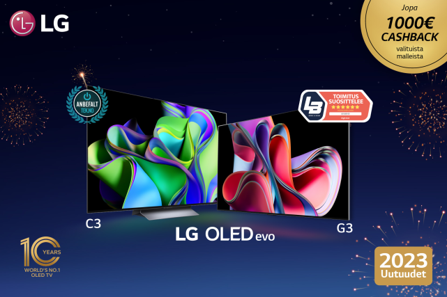 Vuoden 2023 LG:n C3 ja G3 OLED -telkkarit ilotulituksen keskellä. Nyt saat jopa 1000€ cashback valituista telkkareista. Lue tästä lisää!