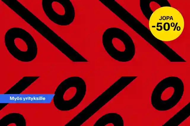Punainen tausta mustilla vinoraidoilla. Keltainen merkki: Jopa -50%. Sininen palkki: Myös yrityksille.